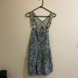 blue denim floral overall shorts